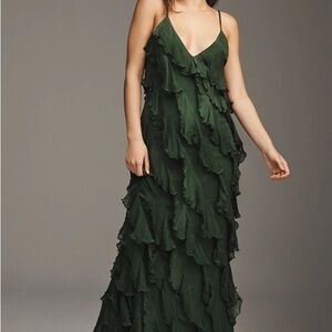 BHLDN Jia Bias-Cut Ruffled V-Neck Gown